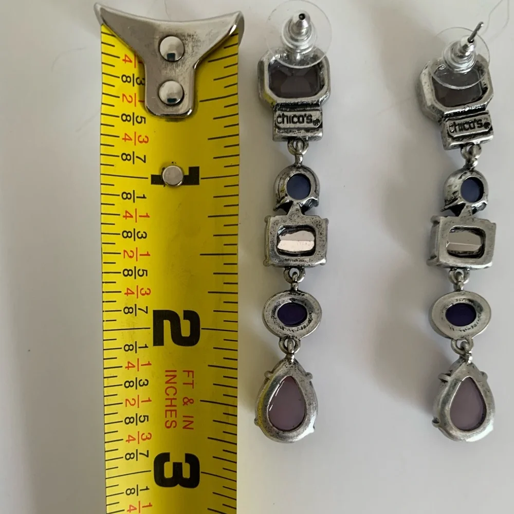 Chico's Earrings Dangle Silver Blue Jeweled Tones Clear Rhinestone - Picture 7 of 7
